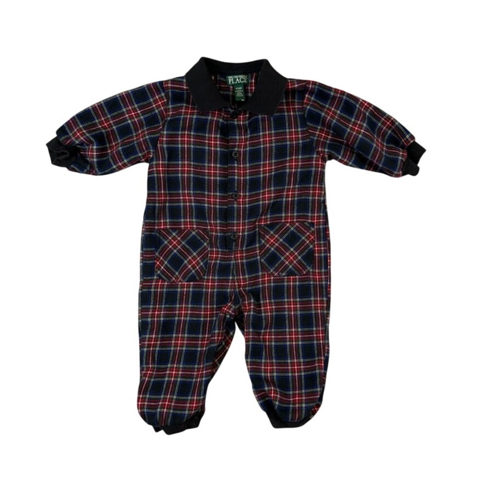 The Childrens Place Baby Boys Plaid Long Sleeve Romper Red Blue 12 Months